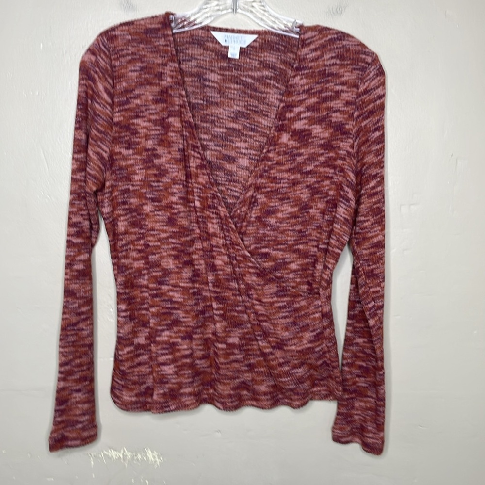 MARKET & SPRUCE Demi Cozy Rib Faux Wrap Surplice Neckline Balletcore Popover Lg